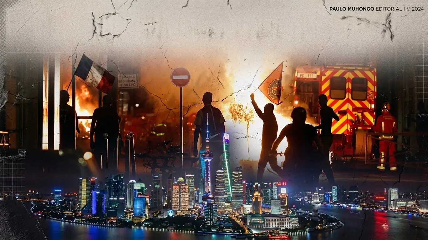 The contrast in global order: public disorder in Paris (above) versus stability and technological development in Shanghai (below).
